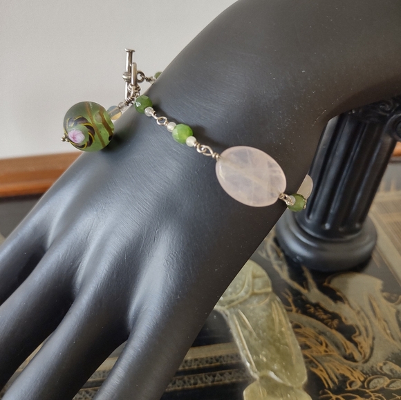 Sterling Silver Rose Pink Green Quartz Bracelet - Picture 4 of 8